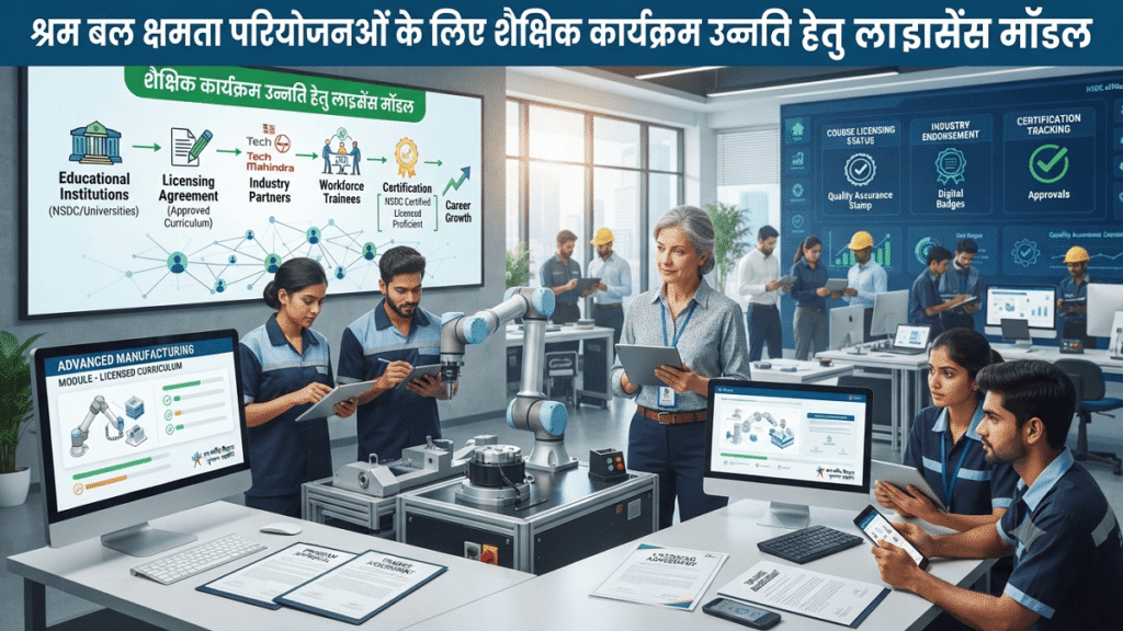 A workforce development ecosystem showing educational institutions, industry partners, trainers, and learners connected through a licensing framework with digital learning platforms, certification documents, and skill development tools.