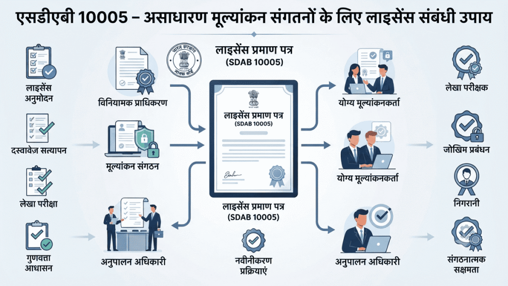Professional Hindi infographic illustrating SDAB 10005 licensing measures for exceptional assessment organizations, featuring licensing certificates, compliance audits, quality assurance, regulatory approval, and assessment professionals.