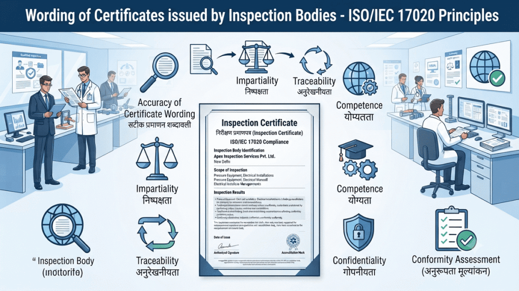 A professional blue and white corporate infographic illustrating the ISO/IEC 17020 principles for certificate wording by inspection bodies, featuring a central formal inspection certificate surrounded by office scenes, technical inspectors, bilingual labels (Hindi and English), and key symbols such as a magnifying glass, scales of impartiality, traceability arrows, competence gears, a confidentiality shield, and a checklist.