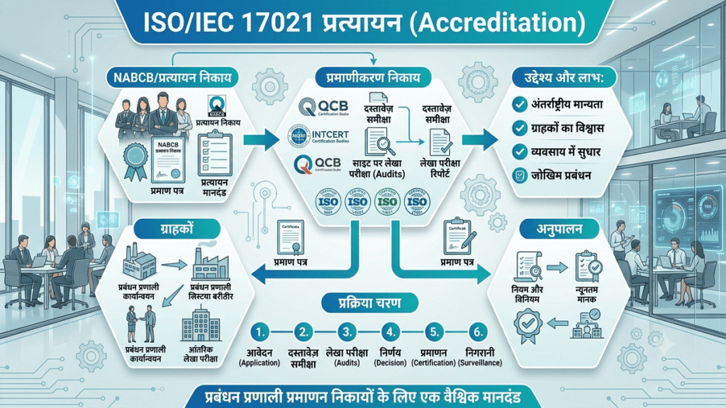 ISO/IEC 17021 प्रत्यायन. ISO/IEC 17021 प्रत्यायन प्रमाणन निकायों के लिए अंतरराष्ट्रीय मानक को दर्शाता हुआ गुणवत्ता प्रबंधन और अनुपालन का प्रतीक।