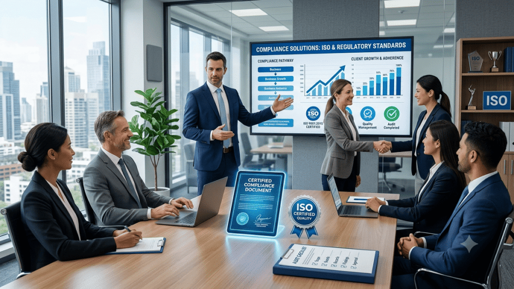परामर्श (Consultancy) एवं प्रमाणन (Certification). व्यवसायिक सलाहकार द्वारा ग्राहक को गुणवत्ता, अनुपालन (Compliance) और प्रमाणन प्रक्रिया पर परामर्श देते हुए, साथ में प्रमाणपत्र, चेकमार्क और गुणवत्ता आश्वासन के प्रतीकों को दर्शाती आधुनिक कॉर्पोरेट इलस्ट्रेशन।