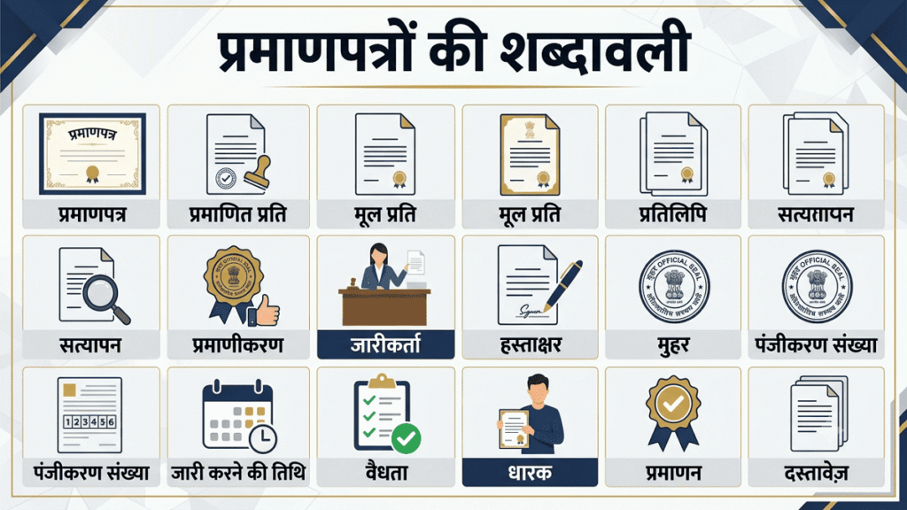 शैक्षणिक इन्फोग्राफिक जिसमें "प्रमाणपत्रों की शब्दावली" शीर्षक के अंतर्गत प्रमाणपत्र, प्रमाणित प्रति, मूल प्रति, सत्यापन, प्रमाणीकरण, हस्ताक्षर, मुहर, जारीकर्ता, पंजीकरण संख्या और अन्य प्रमाणपत्र संबंधी शब्दों को आकर्षक आइकनों के साथ प्रदर्शित किया गया है।
