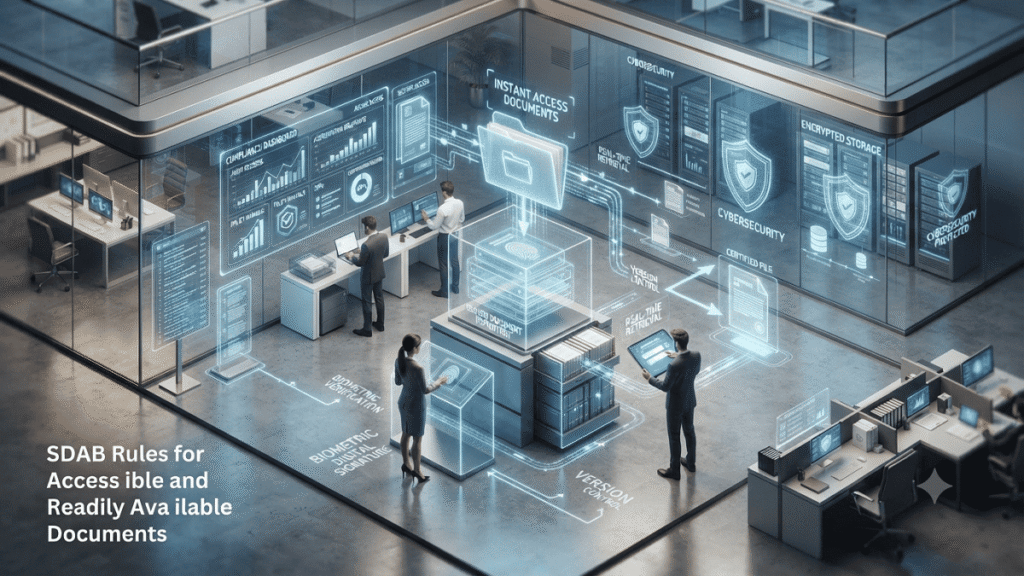 3D illustration showing SDAB rules for instantly accessible and readily available documents, featuring secure digital document management, cloud storage, compliance verification, and authorized access in a professional regulatory environment.