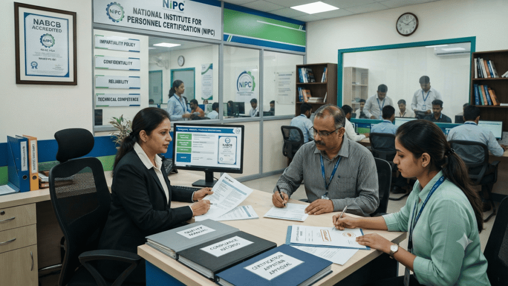 A professional personnel certification body with assessors reviewing competency standards, compliance documents, audit reports, and certification processes in an accredited office environment.