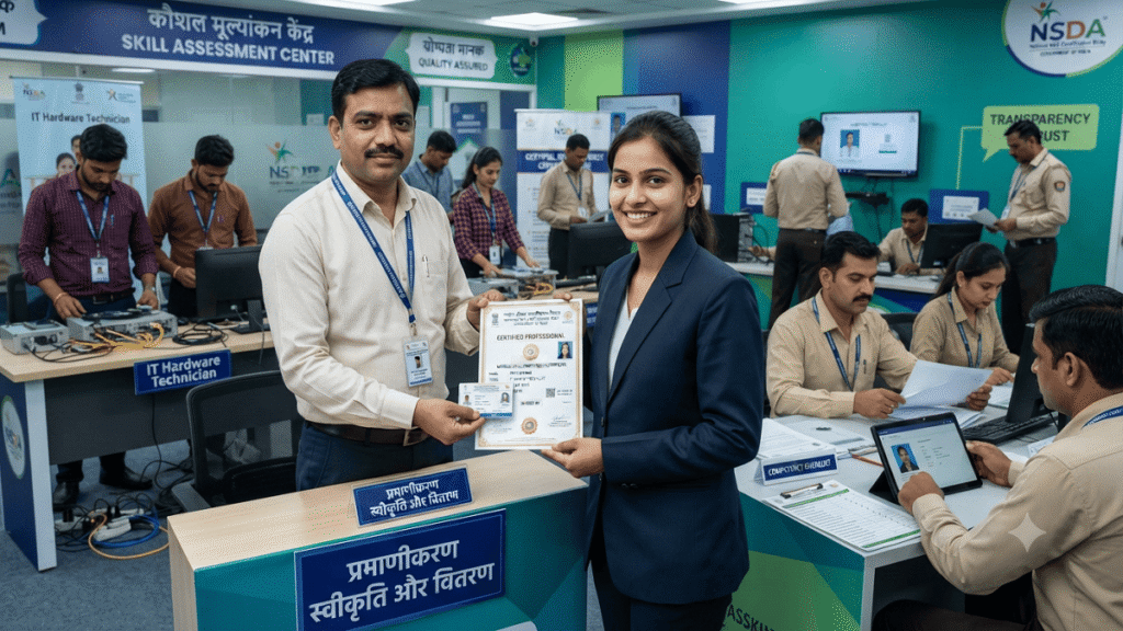 A recognized certification body assessing individuals through skill evaluation, document verification, competency testing, and awarding professional certificates in a modern assessment center.