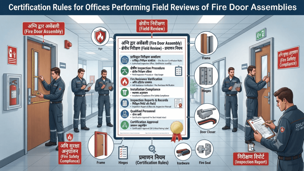 अग्नि द्वार असेंबली के क्षेत्रीय निरीक्षण . A professional engineering infographic titled "Certification Rules for Offices Performing Field Reviews of Fire Door Assemblies" set in a commercial building with inspectors examining fire doors, featuring bilingual Hindi-English labels, a central certification document, and technical component callouts.
