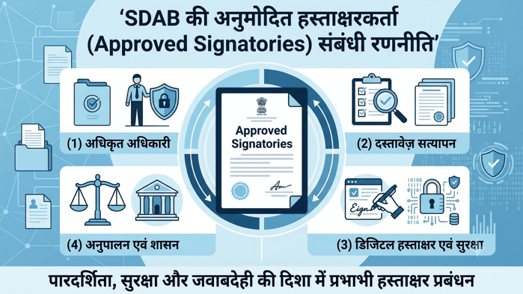 कॉर्पोरेट शैली का इन्फोग्राफिक जिसमें SDAB की अनुमोदित हस्ताक्षरकर्ता रणनीति दर्शाई गई है। इसमें अधिकृत अधिकारी, दस्तावेज़ सत्यापन, डिजिटल हस्ताक्षर सुरक्षा तथा अनुपालन एवं शासन से जुड़े आइकन एक आधिकारिक दस्तावेज़ के चारों ओर प्रदर्शित हैं।