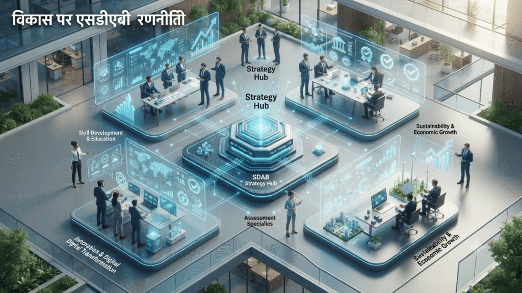 3D illustration depicting the SDAB Strategy for Development with interconnected sectors, strategic planning, digital transformation, quality assurance, accreditation, certification, innovation, and sustainable growth.
