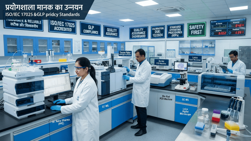 आधुनिक उच्च तकनीकी प्रयोगशाला में वैज्ञानिक उन्नत उपकरणों के साथ गुणवत्ता मानकों, अंशांकन और परीक्षण प्रक्रियाओं का पालन करते हुए प्रयोग कर रहे हैं।