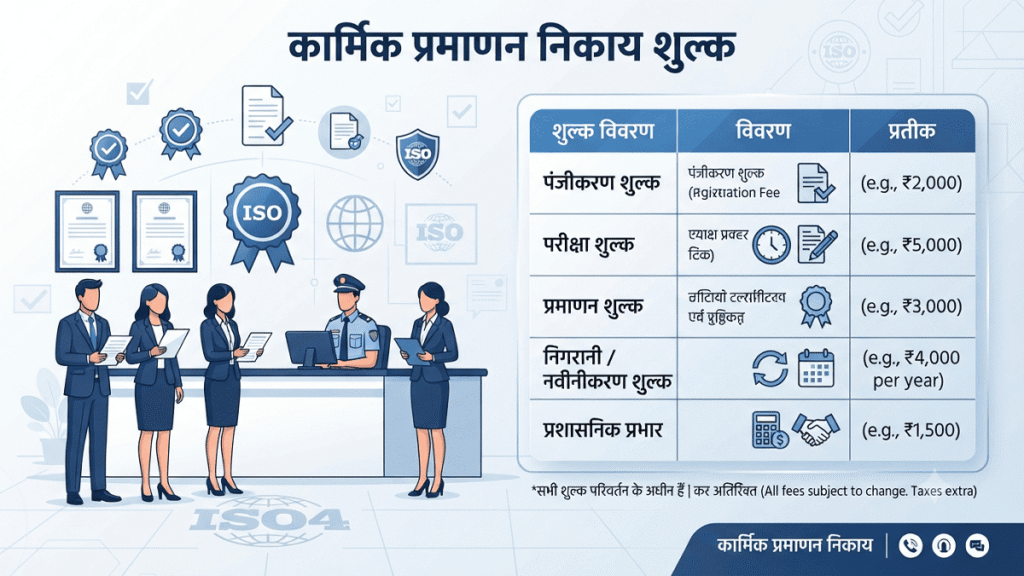 कार्मिक प्रमाणन निकाय शुल्क Professional infographic in Hindi showing the fee structure for a personnel certification body, including registration, examination, certification, renewal, and administrative charges with official certification and financial icons.