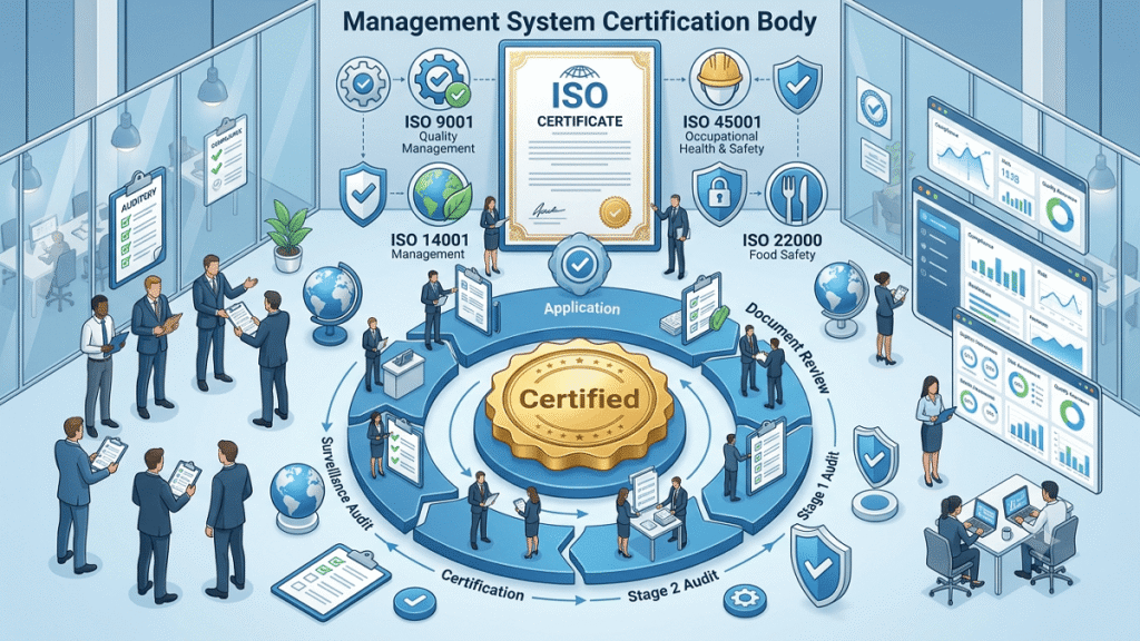 एक पेशेवर इन्फोग्राफिक जिसमें प्रबंधन प्रणाली प्रमाणन निकाय (Management System Certification Body) की ISO प्रमाणन प्रक्रिया दिखाई गई है। चित्र में ऑडिटर दस्तावेज़ों की समीक्षा करते हुए, ISO प्रमाणपत्र, गुणवत्ता, पर्यावरण, स्वास्थ्य एवं सुरक्षा, सूचना सुरक्षा और खाद्य सुरक्षा प्रबंधन के प्रतीक तथा प्रमाणन प्रक्रिया के चरण दर्शाए गए हैं।