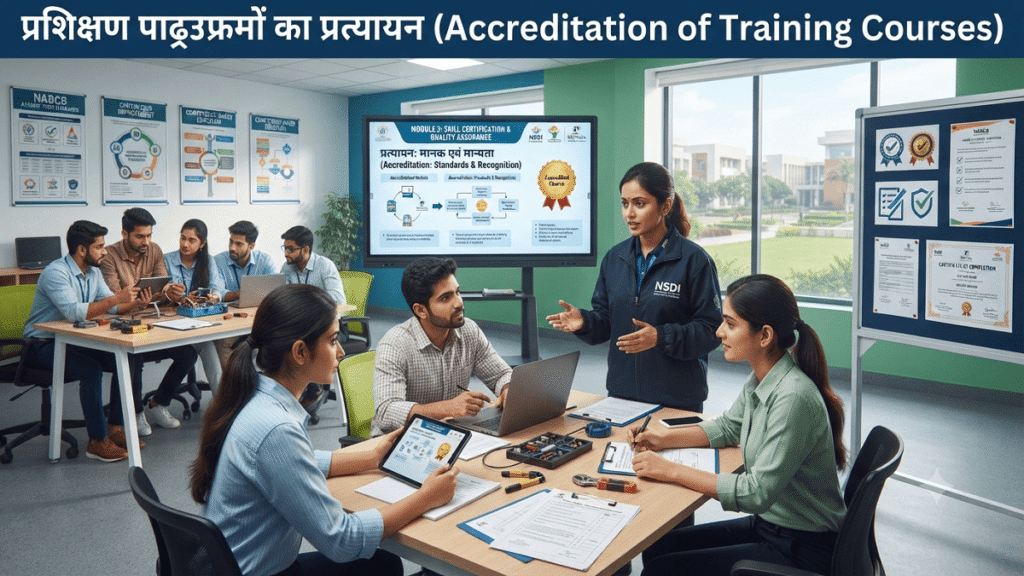 A professional training classroom where instructors deliver accredited courses to participants using digital presentations, practical demonstrations, and assessment tools, representing recognized training standards, quality assurance, and certification.