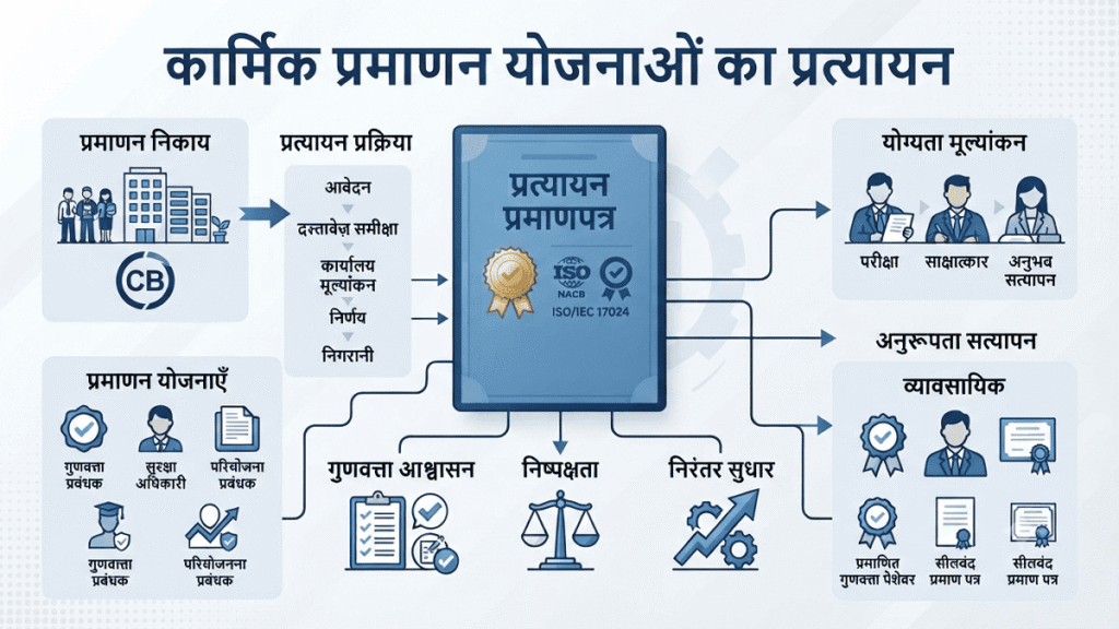 कार्मिक प्रमाणन योजनाओं का प्रत्यायन Professional Hindi infographic illustrating the accreditation process for personnel certification schemes, featuring certification documents, accreditation symbols, quality assurance icons, trained professionals, and compliance with international standards.