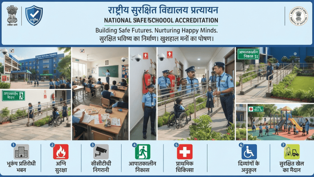 A modern Indian school campus showcasing National Safe School Accreditation standards with secure buildings, happy students, teachers, safety officers, CCTV surveillance, fire safety equipment, emergency exits, first-aid facilities, accessible infrastructure, and a child-friendly learning environment.