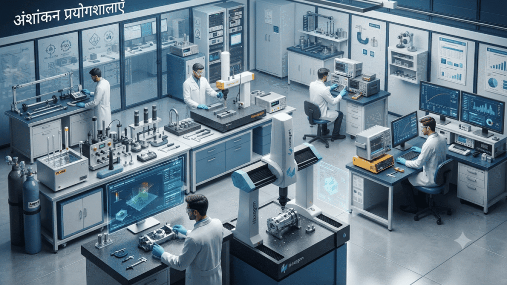 3D visualization of a modern calibration laboratory where metrology experts calibrate precision measuring instruments using advanced equipment, digital monitoring systems, and internationally traceable measurement standards.