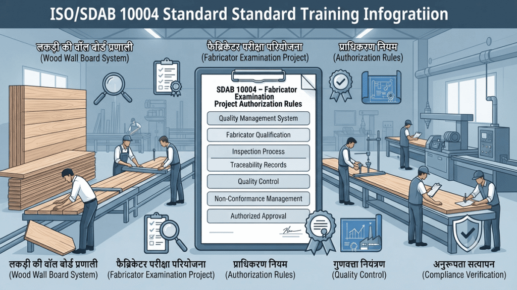 A professional technical infographic in a clean vector illustration style, set within a blue-grey industrial factory environment. It features wood wall board manufacturing processes, inspection teams, and a central clipboard titled 'SDAB 10004 – Fabricator Examination Project Authorization Rules'. Various icons and sections with bilingual Hindi-English labels detail authorization rules, quality management, and compliance verification.