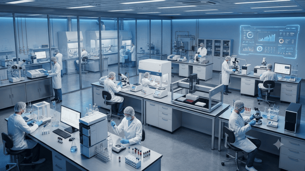 Modern testing laboratory with scientists conducting quality tests using advanced laboratory equipment, analytical instruments, microscopes, sample testing stations, and digital monitoring systems in a professional environment.