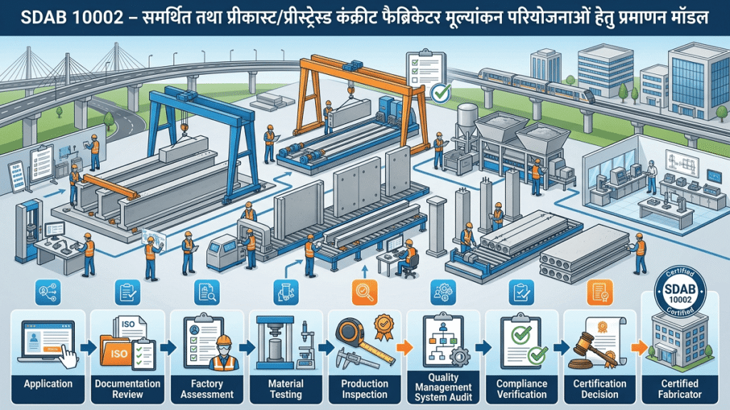SDAB 10002 – समर्थित तथा प्रीकास्ट एसडीएबी 10002 प्रमाणन मॉडल का व्यावसायिक इन्फोग्राफिक, जिसमें प्रीकास्ट एवं प्रीस्ट्रेस्ड कंक्रीट फैब्रिकेशन इकाई, गुणवत्ता परीक्षण प्रयोगशाला, फैक्ट्री मूल्यांकन, निरीक्षण, अनुपालन सत्यापन तथा प्रमाणन प्रक्रिया को दर्शाया गया है।