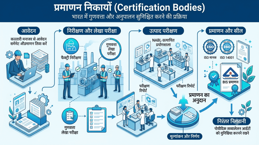 प्रमाणन निकायों (Certifying Bodies). प्रमाणन निकायों द्वारा उत्पादों और सेवाओं की गुणवत्ता जांच, परीक्षण, ऑडिट तथा प्रमाणन प्रक्रिया को दर्शाने वाला शैक्षिक चित्र।