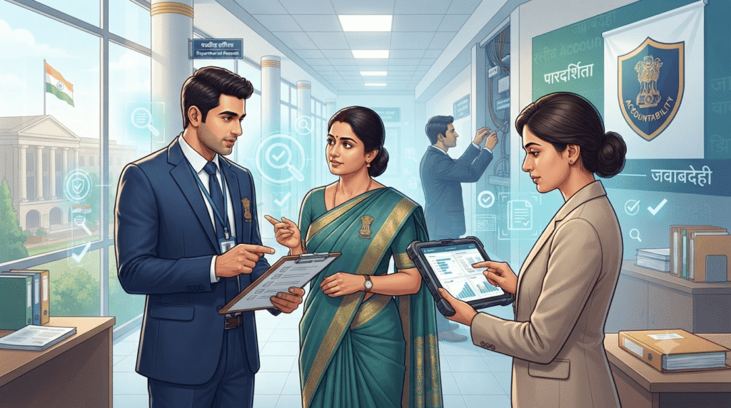 निरीक्षण निकाय. Professional illustration of a team of Indian government inspectors in formal attire conducting an audit inside a public institution, reviewing compliance documents on a clipboard and digital tablet.