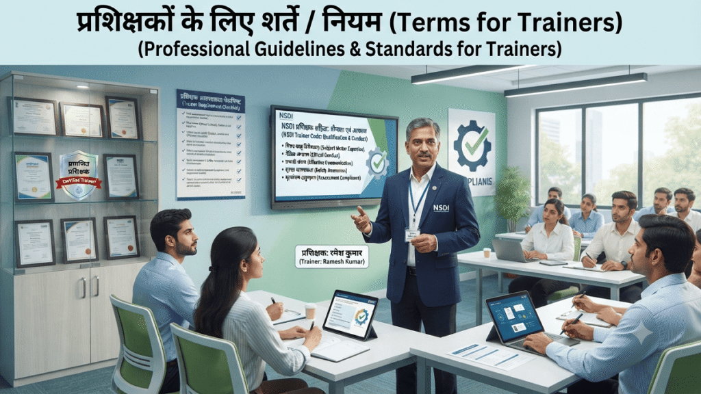 A professional trainer conducting a session while following accreditation guidelines, with certification documents, compliance checklists, training standards, and learners in a modern classroom environment.