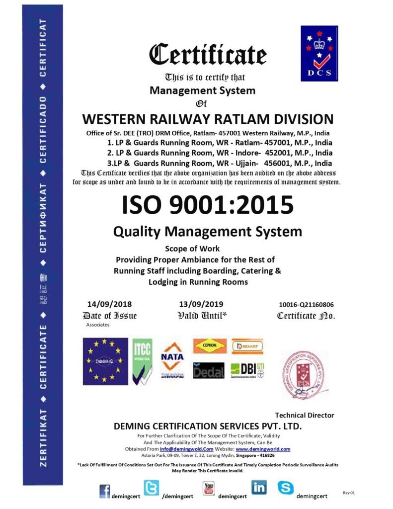 An official ISO 9001:2015 Quality Management System Certificate (Certificate No. 10016-Q21160806) awarded to Western Railway Ratlam Division by Deming Certification Services Pvt. Ltd. for LP & Guards Running Rooms in Ratlam, Indore, and Ujjain.