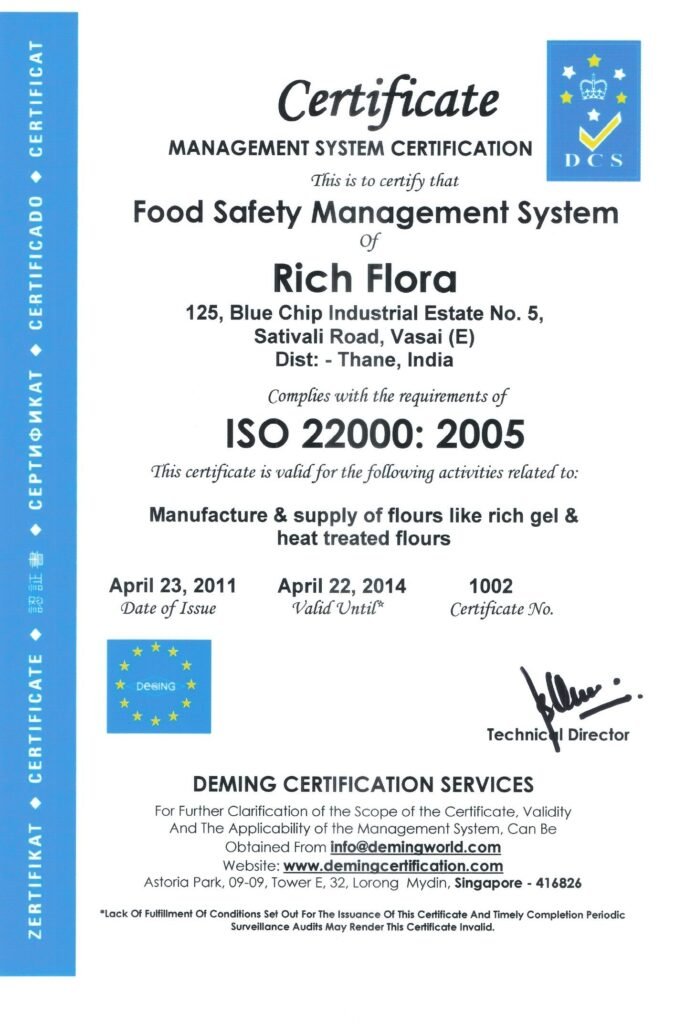 An official ISO 22000: 2005 Food Safety Management System Certificate (Certificate No. 1002) awarded to Rich Flora in Vasai East, Thane, by Deming Certification Services.