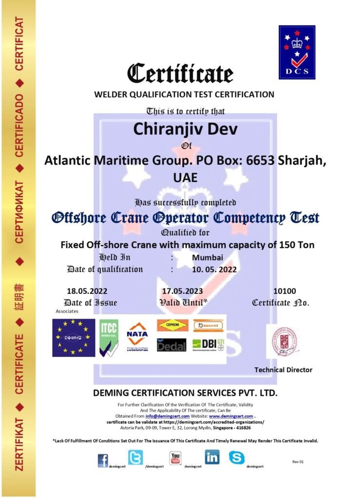 An official Offshore Crane Operator Competency Test Certificate (Certificate No. 10100) awarded to Chiranjiv Dev of Atlantic Maritime Group by Deming Certification Services Pvt. Ltd.