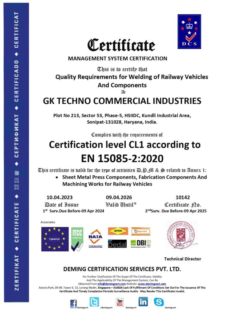 An official EN 15085-2:2020 Level CL1 Management System Certificate (Certificate No. 10142) awarded to GK Techno Commercial Industries in Sonipat, Haryana, by Deming Certification Services Pvt. Ltd.