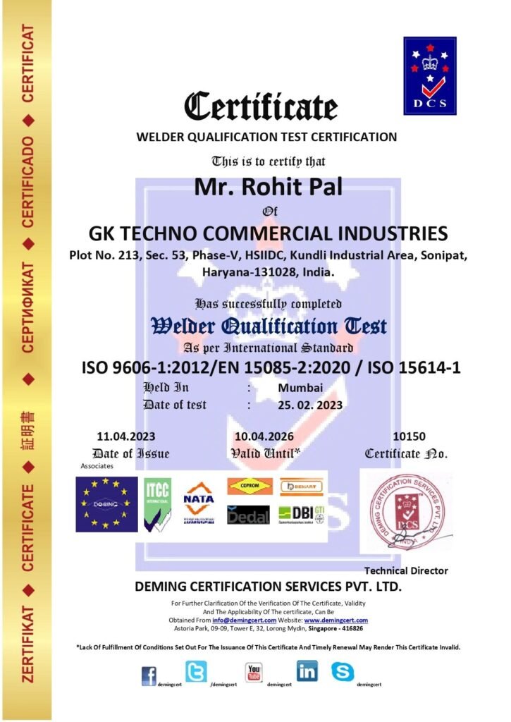 An official Welder Qualification Test Certificate (Certificate No. 10150) awarded to Mr. Rohit Pal of GK Techno Commercial Industries by Deming Certification Services Pvt. Ltd.