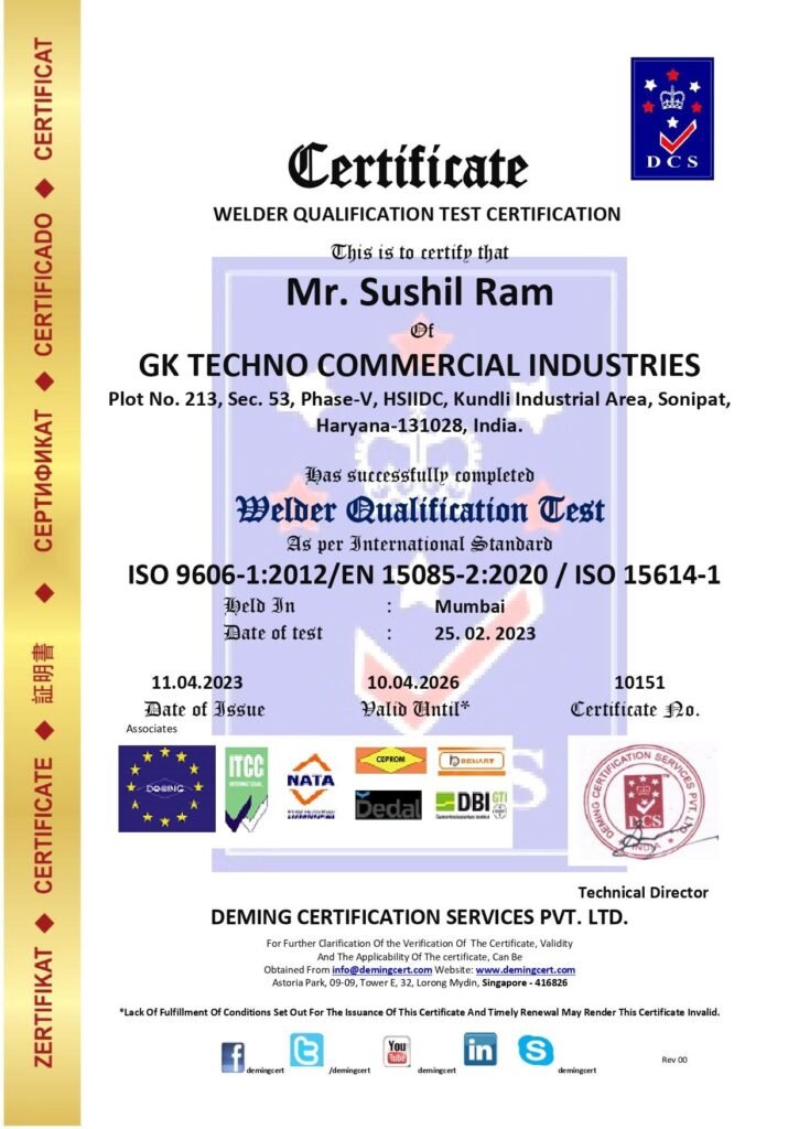 An official Welder Qualification Test Certificate (Certificate No. 10151) awarded to Mr. Sushil Ram of GK Techno Commercial Industries by Deming Certification Services Pvt. Ltd.