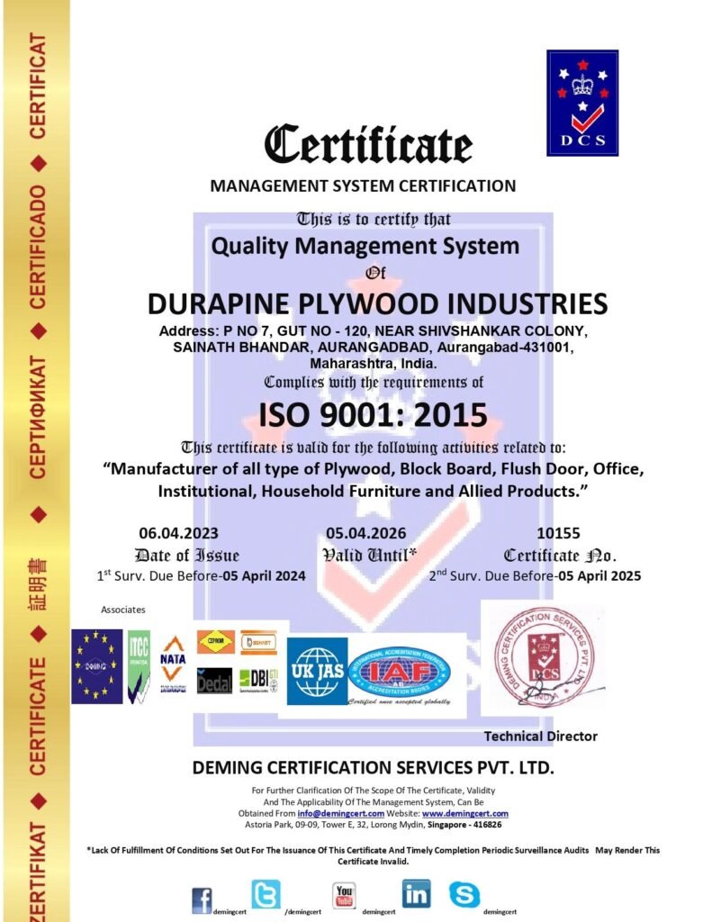An official ISO 9001: 2015 Quality Management System Certificate (Certificate No. 10155) awarded to Durapine Plywood Industries in Aurangabad, Maharashtra, by Deming Certification Services Pvt. Ltd.