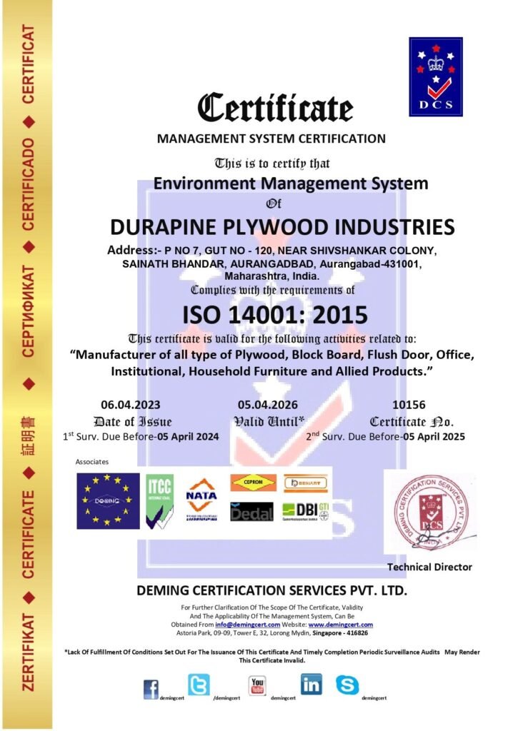 An official ISO 14001: 2015 Environment Management System Certificate (Certificate No. 10156) awarded to Durapine Plywood Industries in Aurangabad, Maharashtra, by Deming Certification Services Pvt. Ltd.