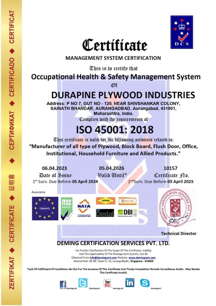 An official ISO 45001: 2018 Occupational Health & Safety Management System Certificate (Certificate No. 10157) awarded to Durapine Plywood Industries in Aurangabad, Maharashtra, by Deming Certification Services Pvt. Ltd.