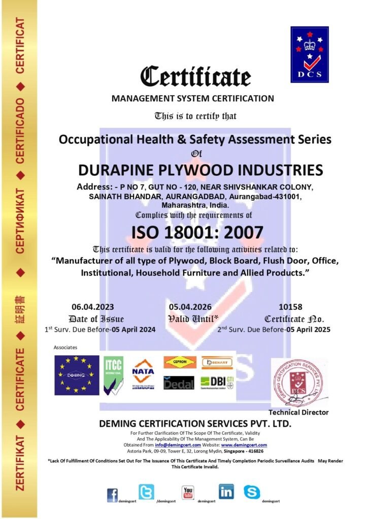 An official ISO 18001: 2007 Occupational Health & Safety Assessment Series Certificate (Certificate No. 10158) awarded to Durapine Plywood Industries in Aurangabad, Maharashtra, by Deming Certification Services Pvt. Ltd.