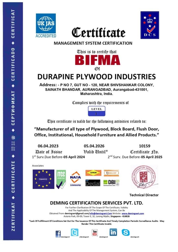 An official BIFMA Level 1 Management System Certificate (Certificate No. 10159) awarded to Durapine Plywood Industries in Aurangabad, Maharashtra, by Deming Certification Services Pvt. Ltd.