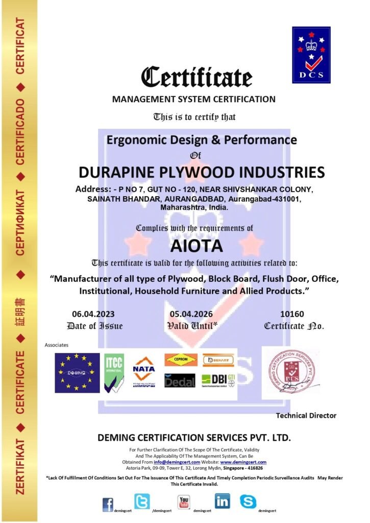 An official Ergonomic Design & Performance AIOTA Certificate (Certificate No. 10160) awarded to Durapine Plywood Industries in Aurangabad, Maharashtra, by Deming Certification Services Pvt. Ltd.