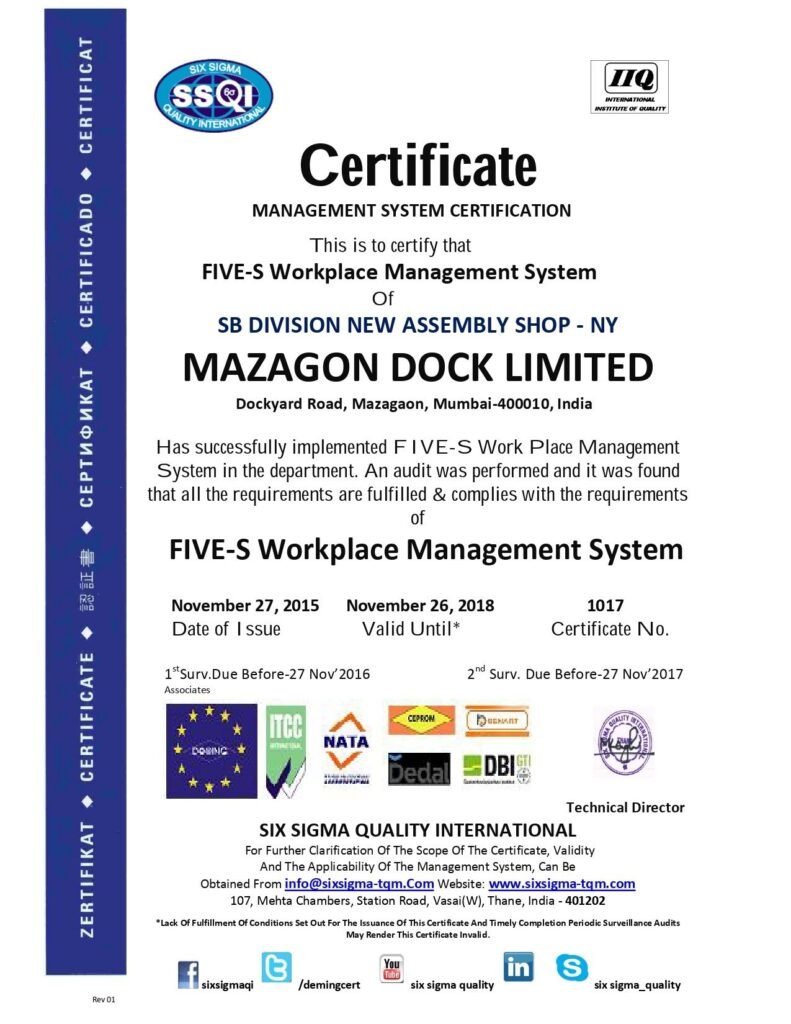 An official Five-S Workplace Management System Certificate issued by Six Sigma Quality International to Mazagon Dock Limited for the SB Division New Assembly Shop - NY.