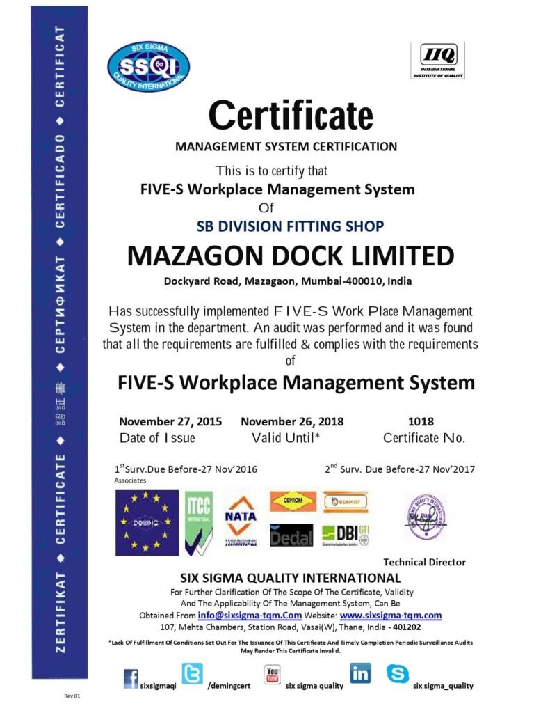 An official Five-S Workplace Management System Certificate issued by Six Sigma Quality International to Mazagon Dock Limited for the SB Division Fitting Shop.