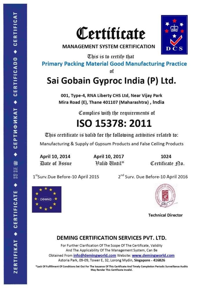 An official ISO 15378: 2011 Management System Certification document (Certificate No. 1024) awarded to Sai Gobain Gyproc India (P) Ltd. by Deming Certification Services Pvt. Ltd. for good manufacturing practices in gypsum products.