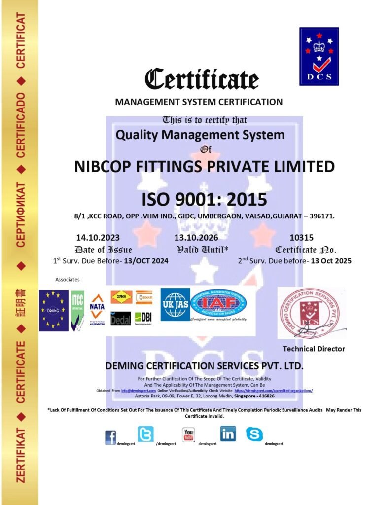 An official ISO 9001: 2015 Management System Certificate (Certificate No. 10315) awarded to NIBCOP FITTINGS PRIVATE LIMITED by Deming Certification Services Pvt. Ltd.