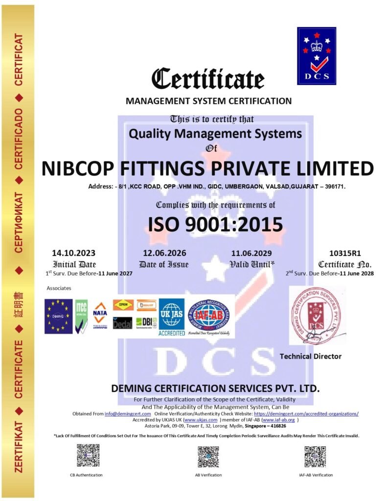 An official revised ISO 9001:2015 Quality Management Systems Certificate (Certificate No. 10315R1) awarded to NIBCOP FITTINGS PRIVATE LIMITED by Deming Certification Services Pvt. Ltd. with verification QR codes.