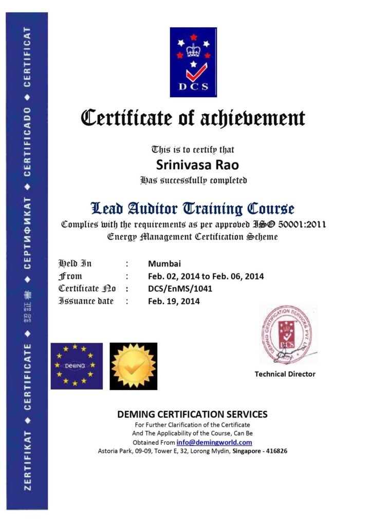 An official Certificate of Achievement issued by Deming Certification Services to Srinivasa Rao for completing the Lead Auditor Training Course under the ISO 50001:2011 Energy Management Certification Scheme.