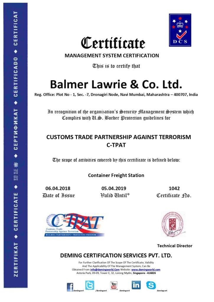 An official C-TPAT Management System Certification document (Certificate No. 1042) issued by Deming Certification Services Pvt. Ltd. to Balmer Lawrie & Co. Ltd. for its Container Freight Station in Dronagiri Node, Navi Mumbai.