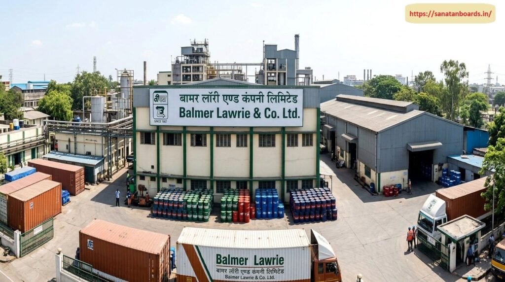 बामर लॉरी एंड कंपनी लिमिटेड An aerial view of the Balmer Lawrie & Co. Ltd. industrial facility featuring a central building with prominent bilingual signage, neatly stacked color-coded oil drums, shipping containers, and transport vehicles on the surrounding paved forecourt.