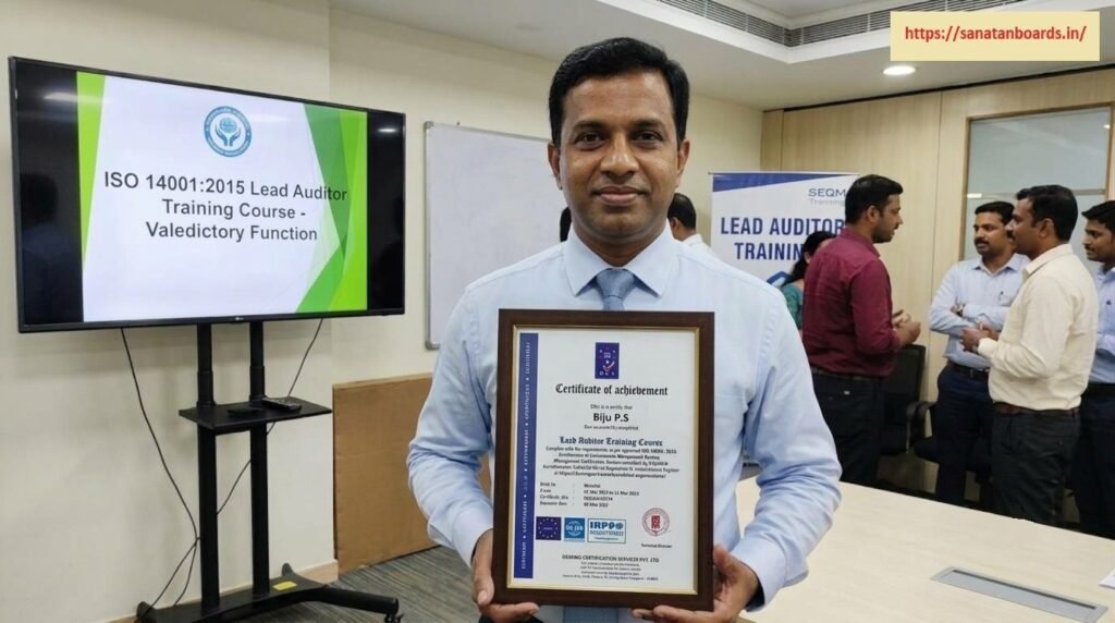 बीजू पी. एस. Biju P.S. holding his framed ISO 14001:2015 Lead Auditor Training Course Certificate during a valedictory function, with a presentation monitor displaying course details behind him.