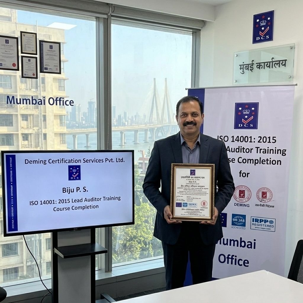 Biju P.S. standing in the Mumbai office of Deming Certification Services holding his framed ISO 14001: 2015 Lead Auditor Training Course Completion Certificate, with a digital display screen and corporate banner in the background.