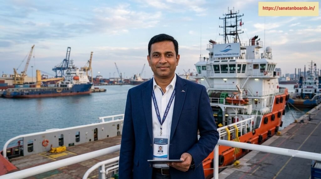 चिरंजीव देव Chiranjiv Dev wearing a blue blazer and ID lanyard standing outdoors at a port terminal in front of an Atlantic Maritime Group offshore support vessel with harbour cranes in the background.