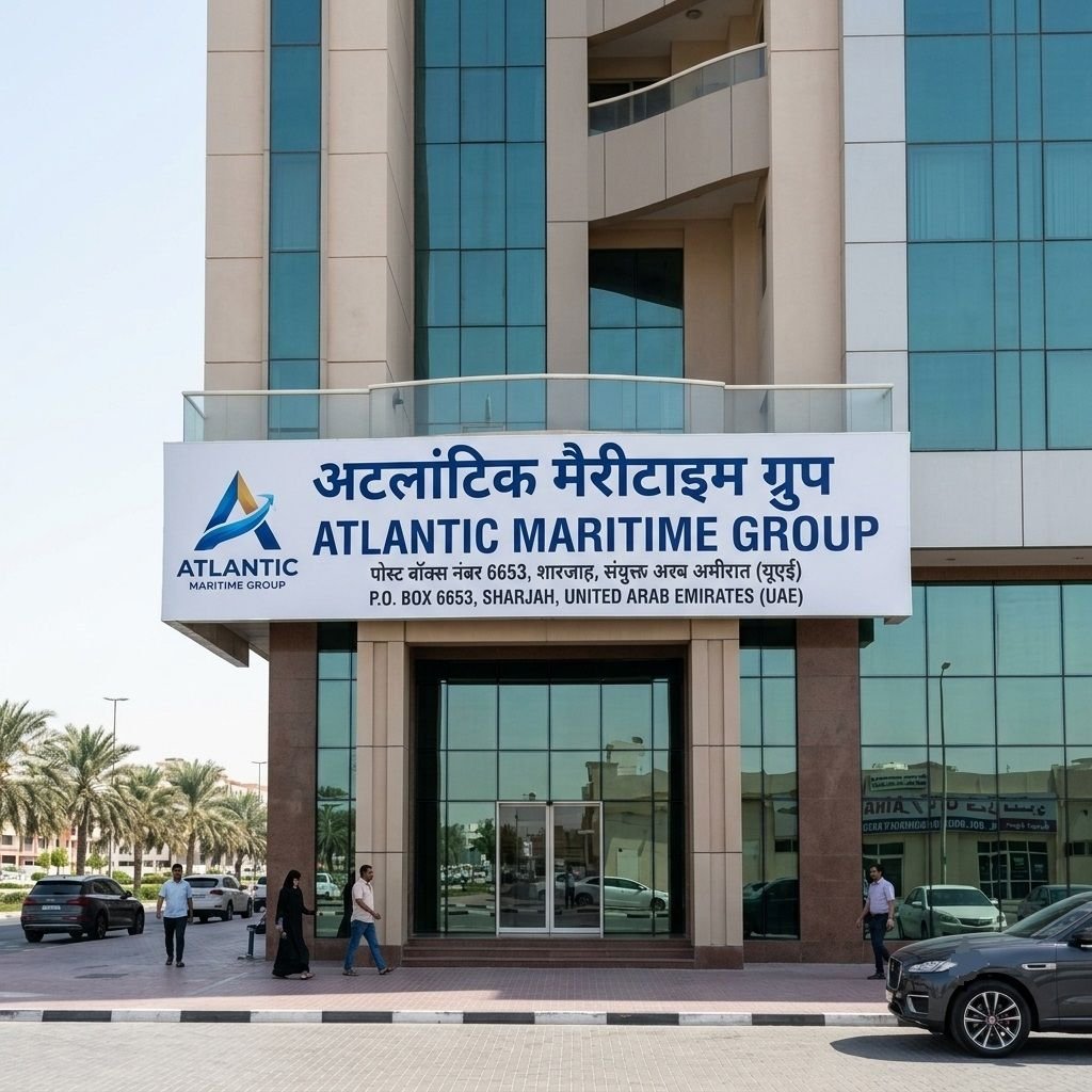 An exterior view of the multi-story headquarters building of Atlantic Maritime Group, featuring glass facade windows, a large entrance sign in Hindi and English with the company logo and Sharjah address, and pedestrians walking along the front pavement.