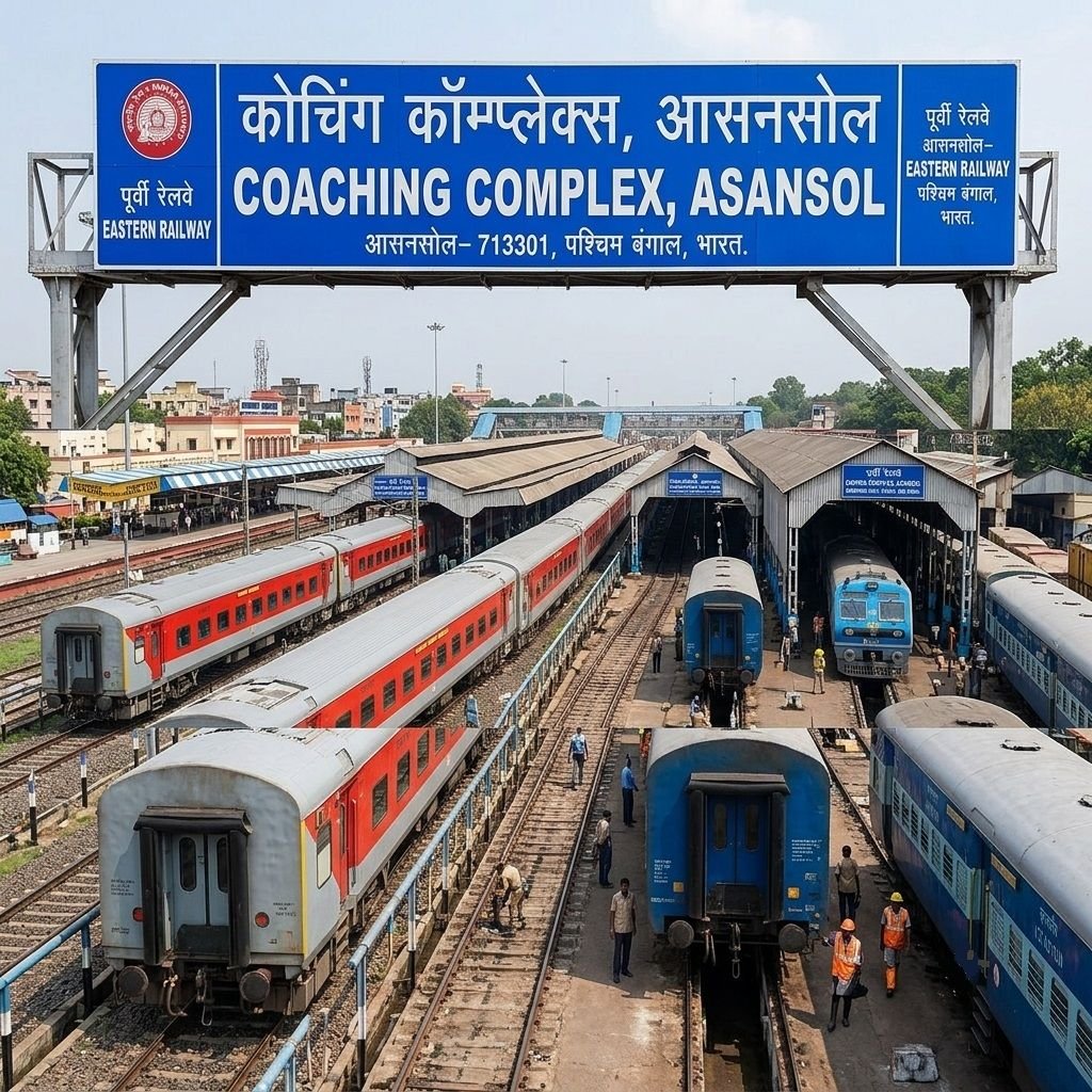 An elevated view of the Coaching Complex, Asansol under a large blue overhead steel portal sign, showing multiple railway tracks, LHB passenger coaches, maintenance sheds, and railway personnel at work.